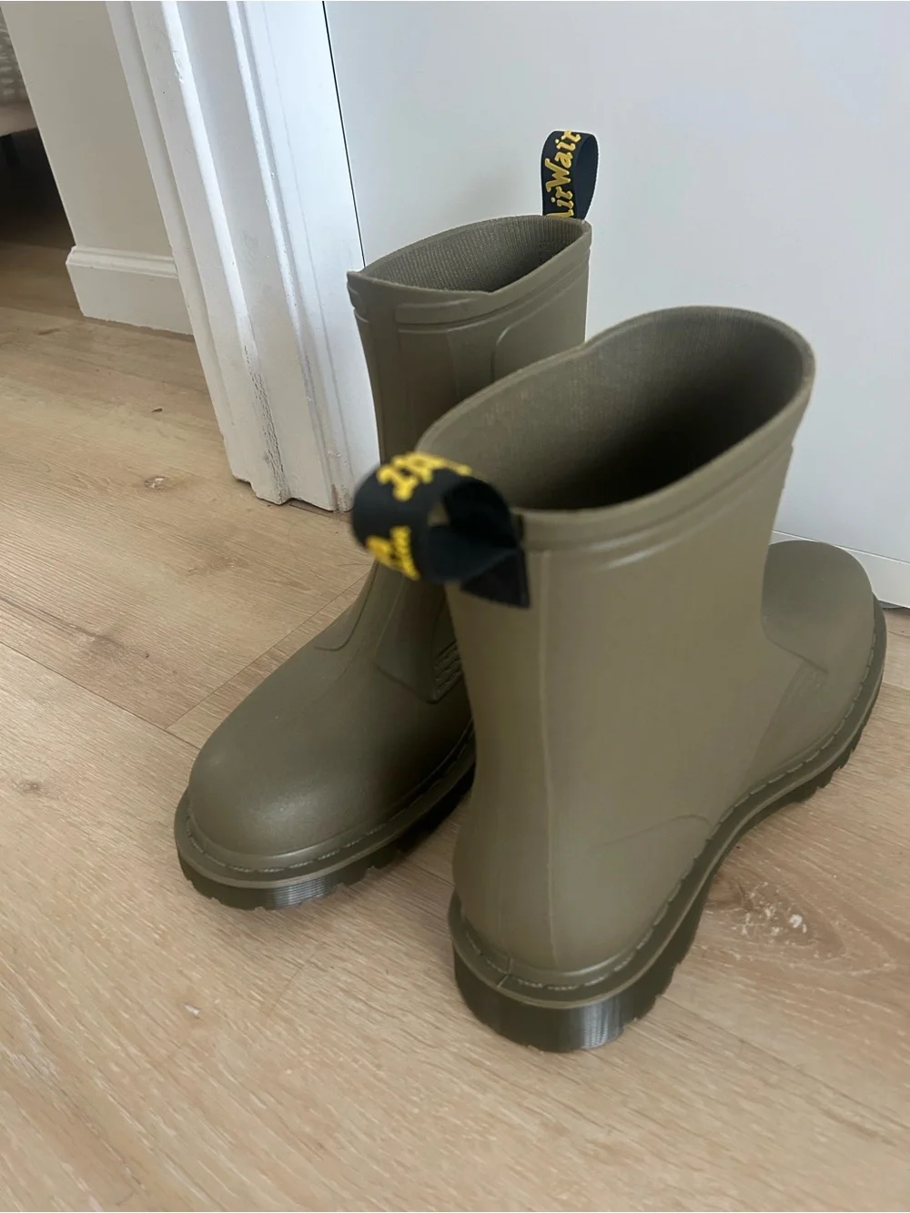 Dr. Martens Olive Green Rain Boots with Black & Yellow Pull Tabs